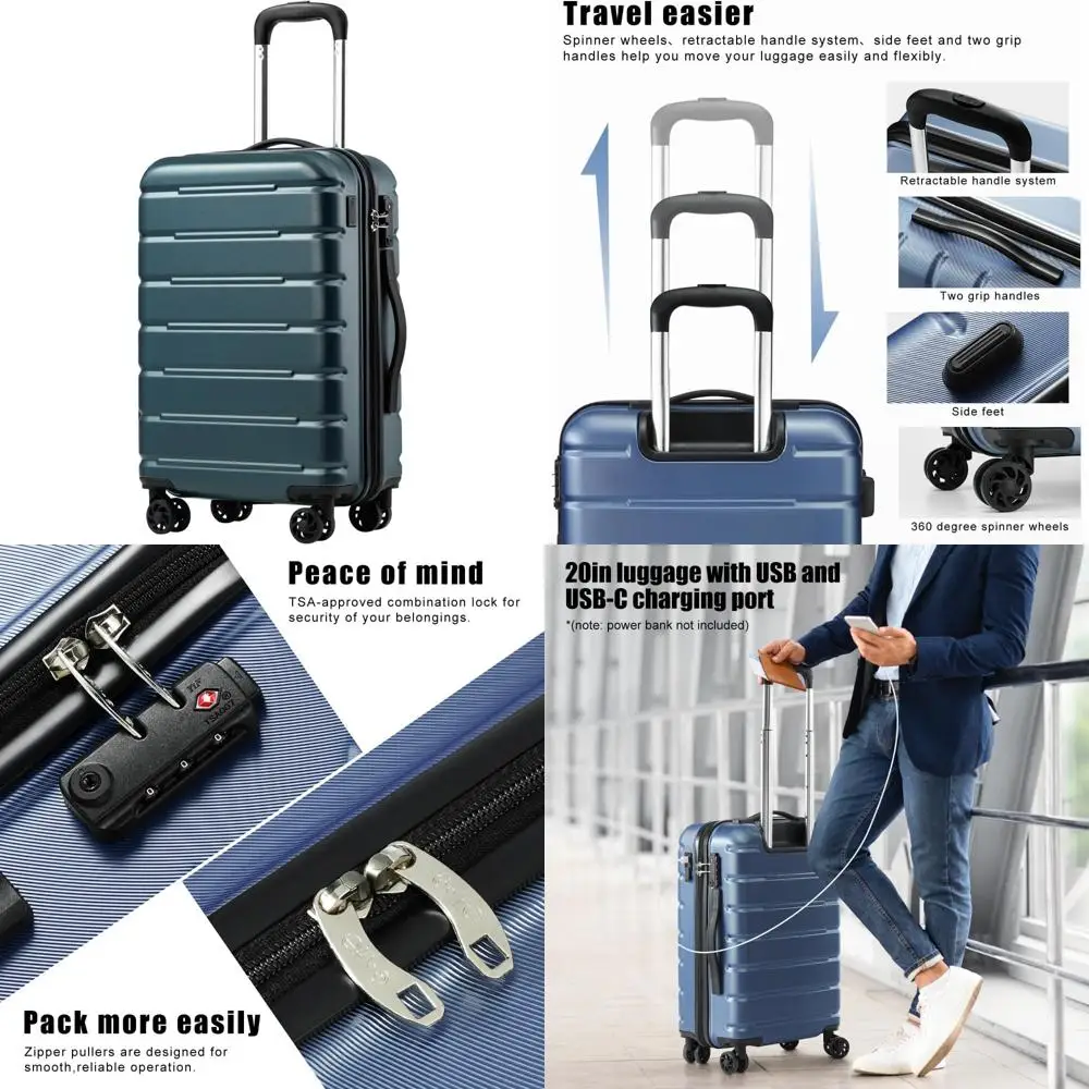 Carry-On Spinner Luggage with TSA Lock, USB Port, Expandable Hardside Suitcase - Lightweight 28 Teal Blue Travel Bag