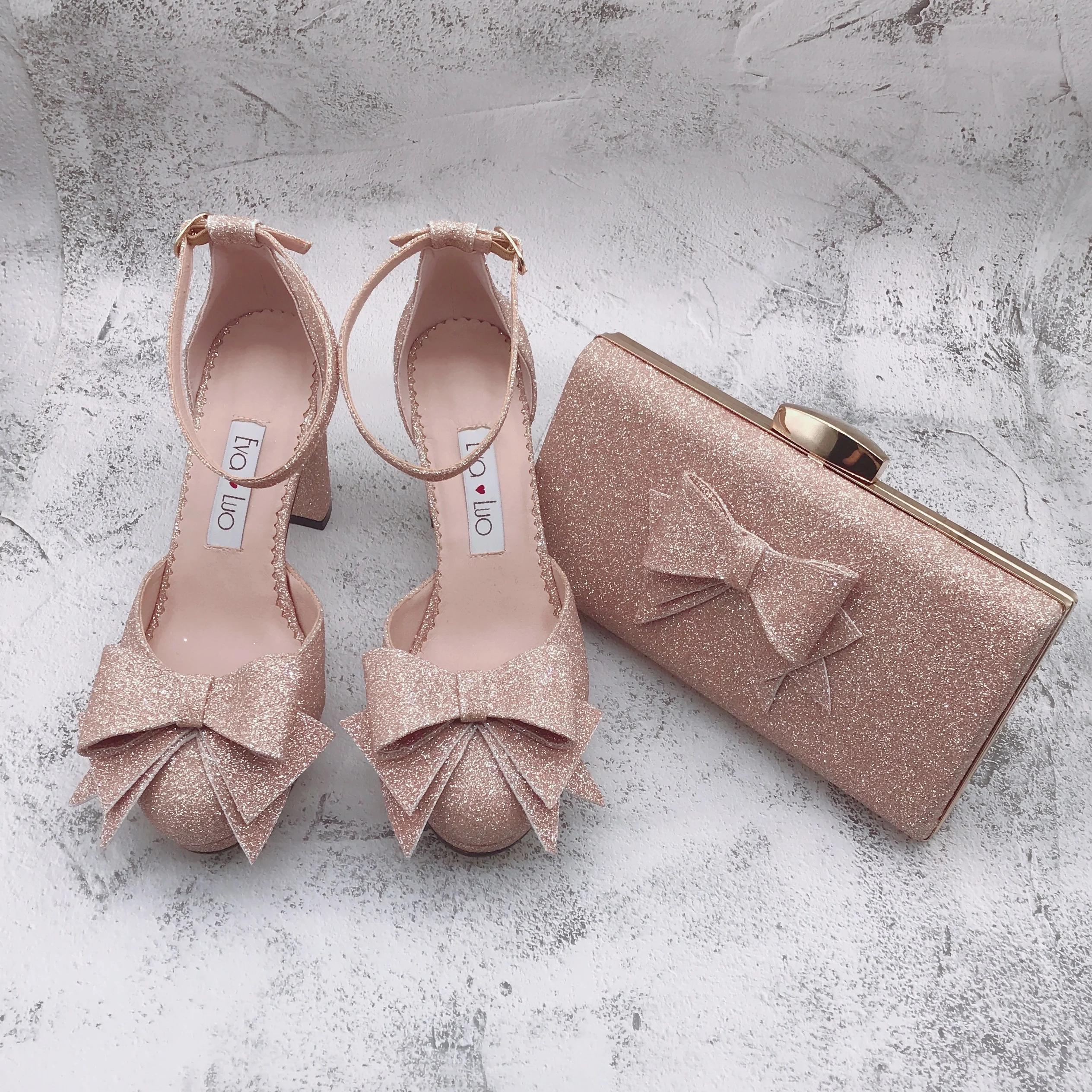 BS1682  Custom Made Block Heel  Women Shoes Bridal Wedding Shoes  Rose Gold Glitter Shoes With Matching Bag Set