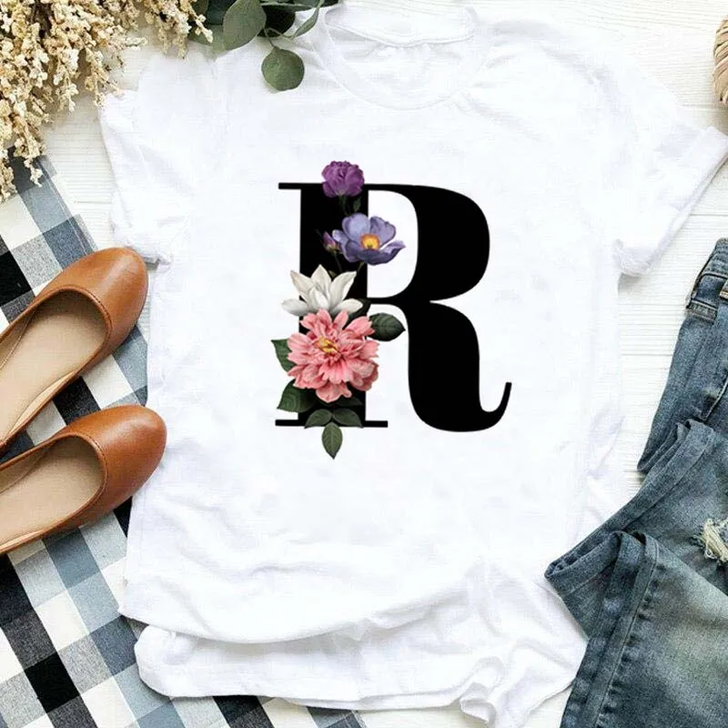 Name Letter Combination Women's High Quality Print T-shirt Flower Letter Font A B C D E F G Short Sleeve Female Tshirt T Shirt