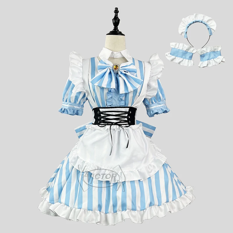 New Blue Cute Lolita Maid Dress Cosplay Girl Maid Dress Suit for Waitress Maid Party Stage Costumes