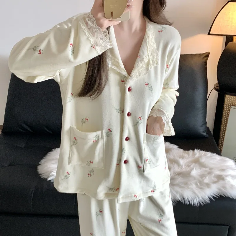 

Women's Pajama Set New Style Sweet Lace Loungewear Nightgown Suit Autumn Winter Girl's Student Thickened Set Homewear Sleepcoat