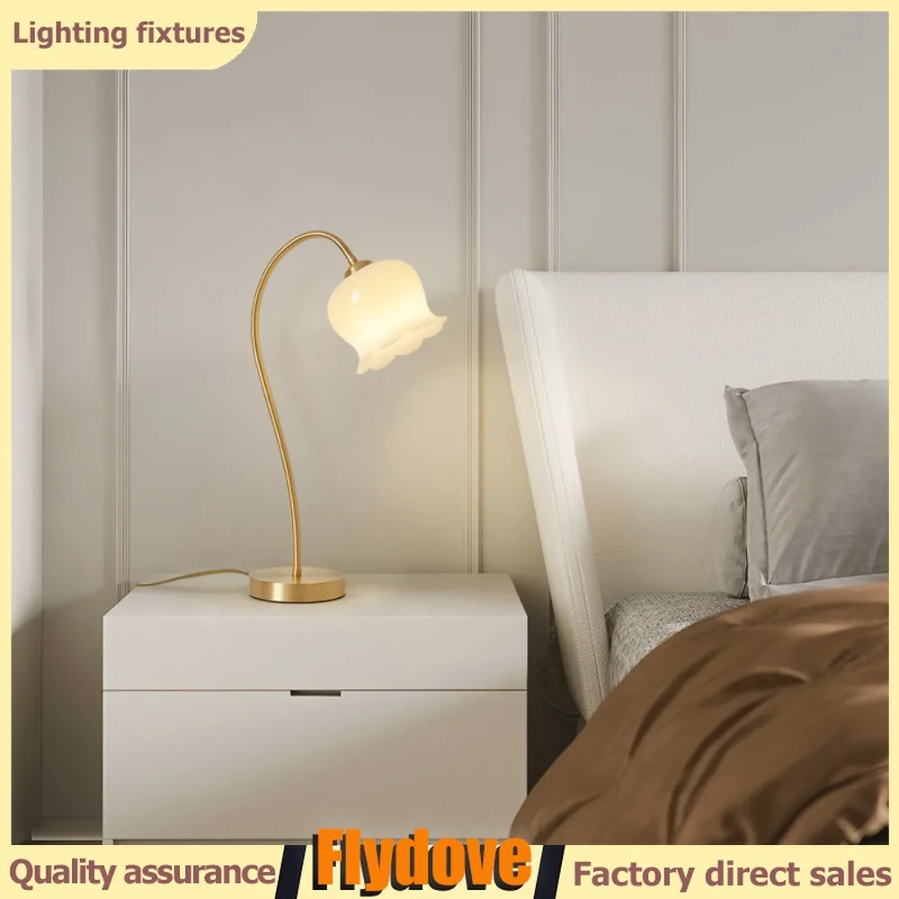 

American Style Bedroom Full Copper Glass Desk Lamp Princess Room Atmosphere Bedside Lamp Gold White E27 Home Decoration Light