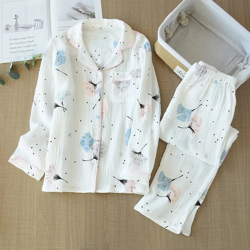 Ladies Pajamas Set 100% Gauze Cotton Ginkgo Leave Printed Pyjamas Women 2Pcs Turn-down Neck Shirt+Pants Comfort Nature Sleepwear