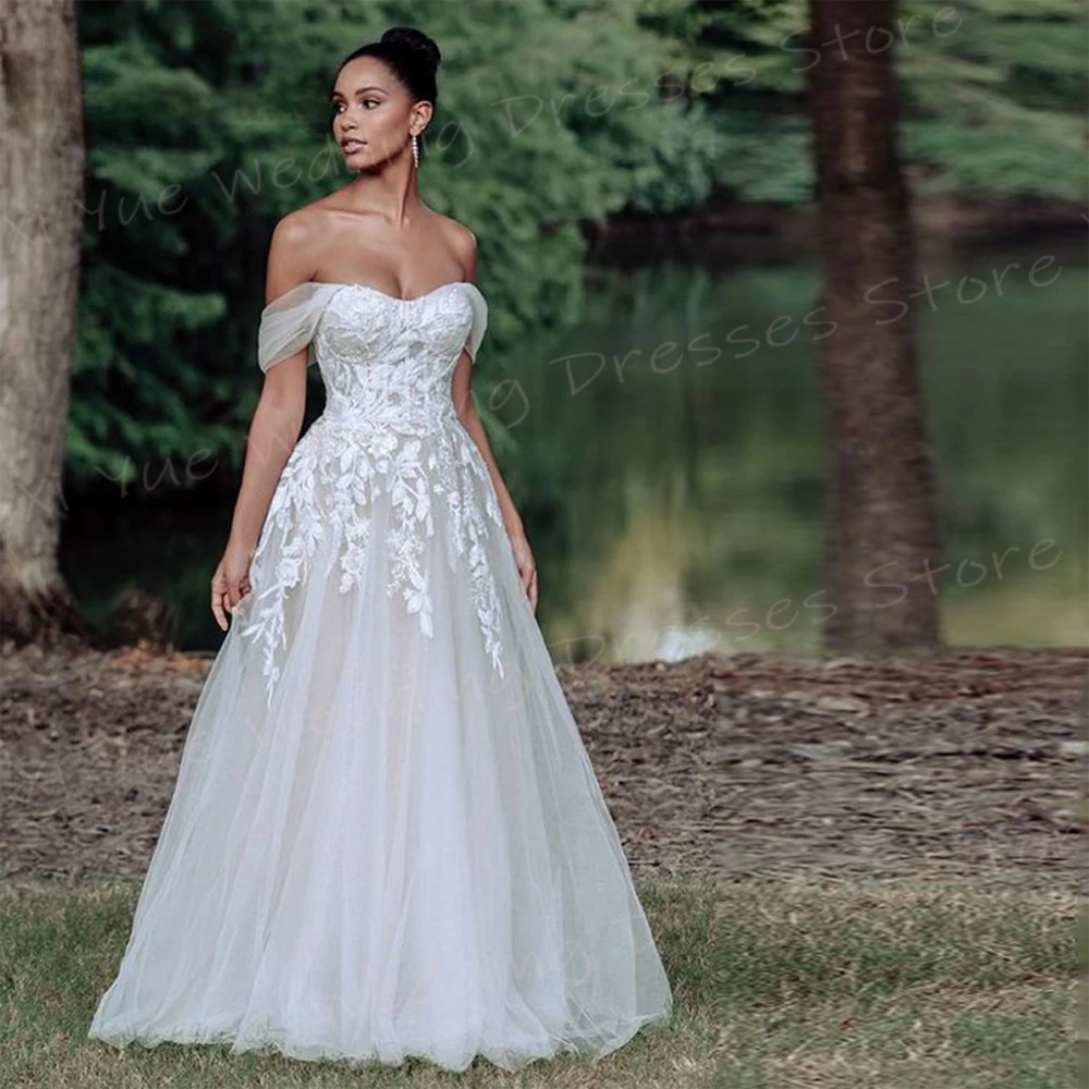 Precioso Vestido De novia De una línea para mujer, vestidos De novia De encaje con apliques elegantes, Vestido moderno sin mangas con hombros descubiertos