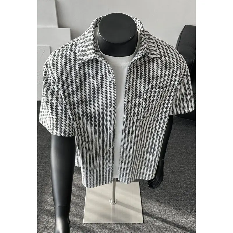 Loose Short Sleeve Collared Shirt Fishbone Pattern Men Women Universal Heavyweight Casual Shirt Mr Old Money Style