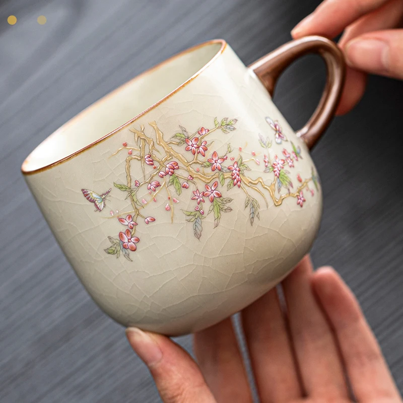 Chinese Style Ceramic Gift Cute Mug, Home Personal Office Creative Hand Drawn Flower Patterns, Milk Water Coffee Cup, 320ml, 1Pc