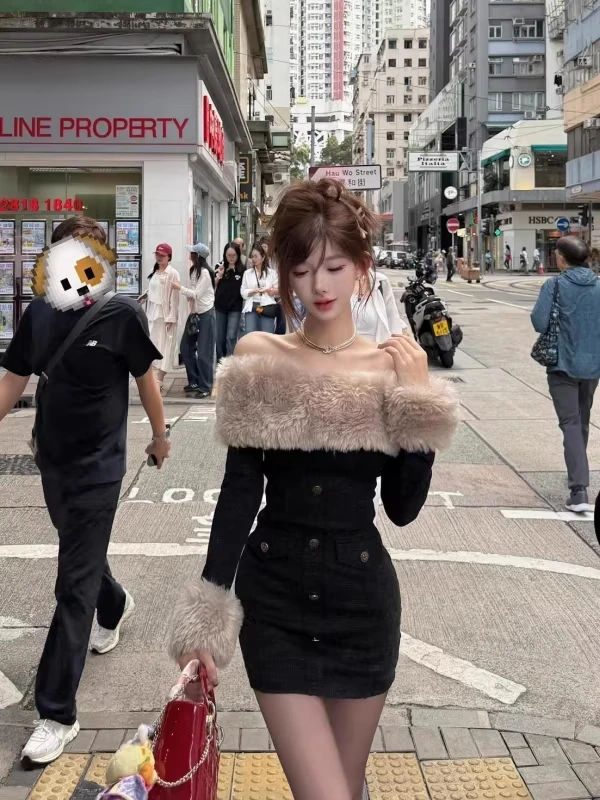 

Сексуальное трикотажное облегающее платье на одно плечо с меховым воротником и высокой талией, закрывающая ягодицы, юбка для женщин, повседневная одежда, повседневная одежда для путешествий