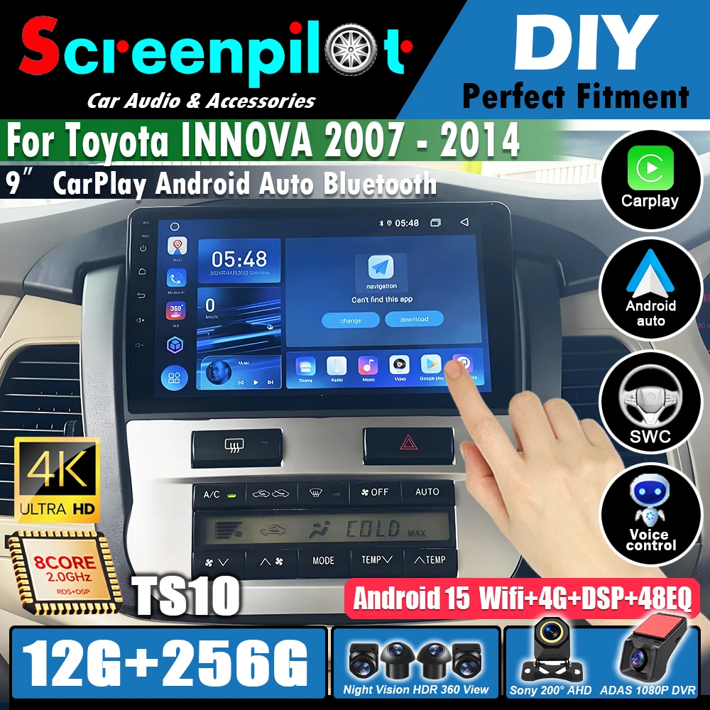Android 16For Toyota INNOVA 2007 - 2014 Car Video Multimedia Player Carplay Stereo Head Unit Screen GPS Navigation WIFI 5G RDS