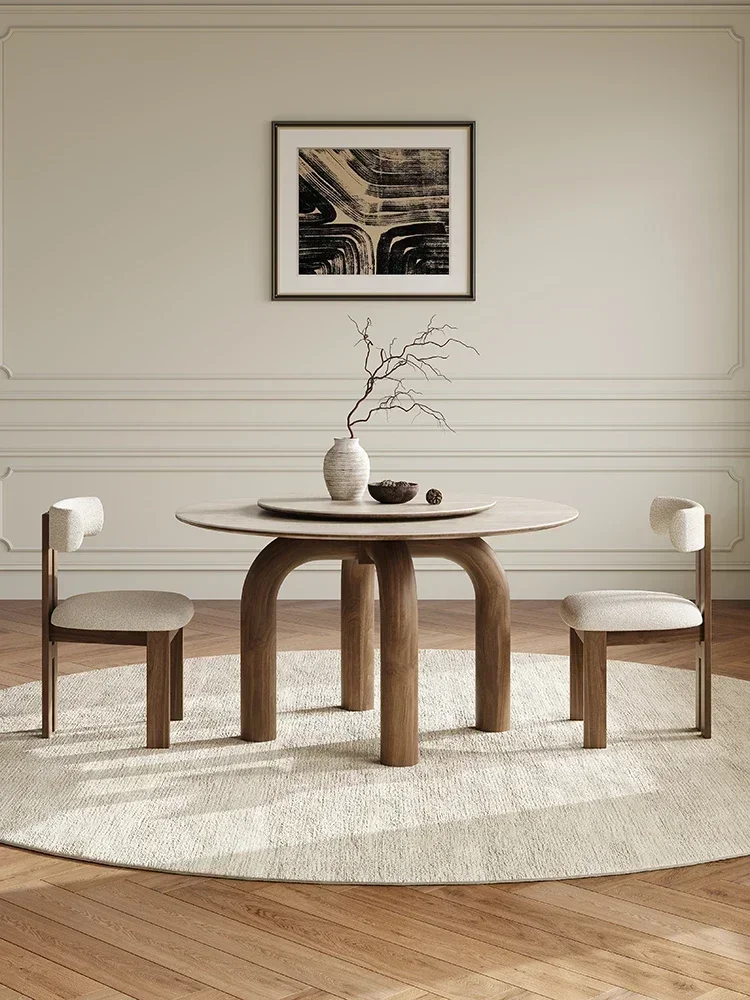2003hinese Ancient Style Solid Wood Dining Table Black Walnut French Retro Domestic Small Apartment Cave Stone Stone Plate Round