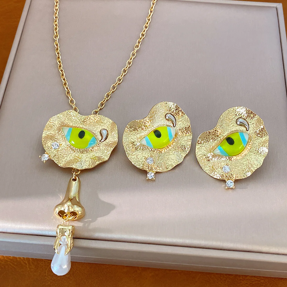 Wrinkle Round Rhinestone Resin Pearl Necklace Earring Two Piece Set for Women Statement Luxury Style Daily Party Jewelry Set