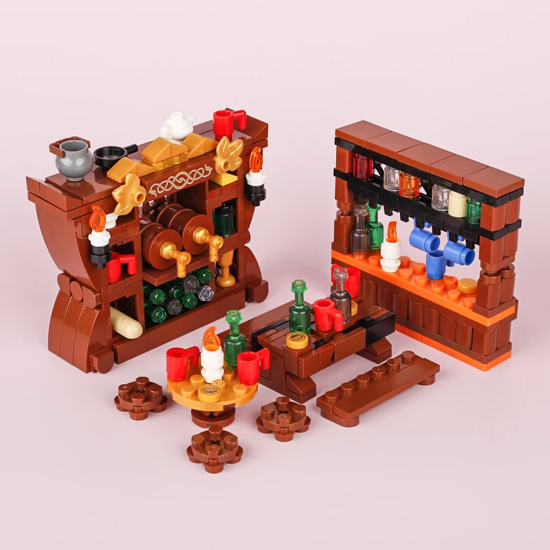 MOC Medieval Winepress Building Blocks Kit  Dining Table Cask Wine Cellar Grape Trellis Bricks Shelves Fireplace Toys Kids Gift