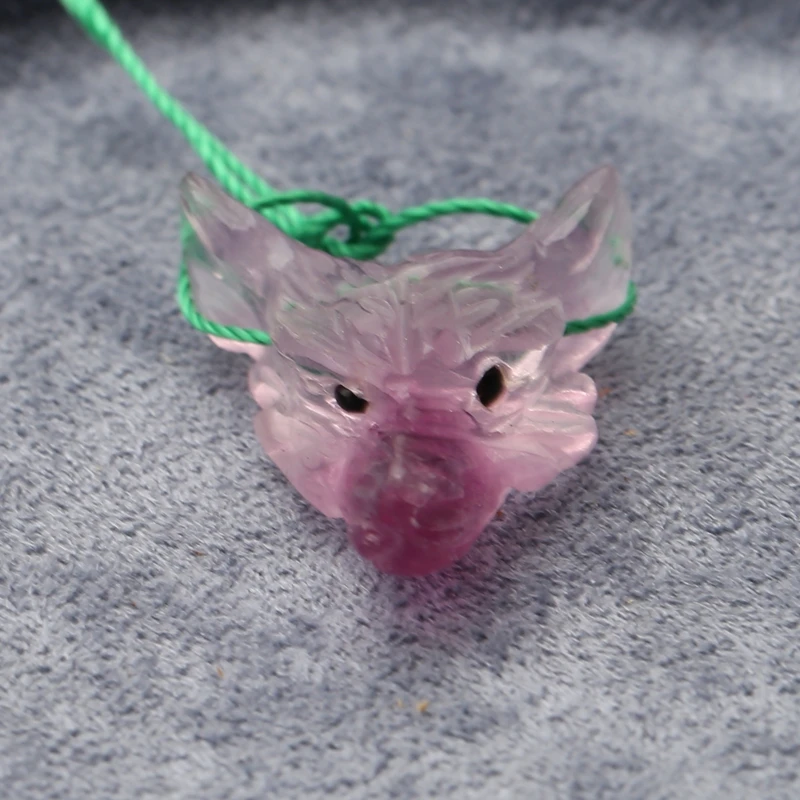 Carved Fluorite Fox Head Pendant Translucent Pink-Purple Gemstone Jewelry Component for Handmade Accessories 26x20x9mm-4.2g