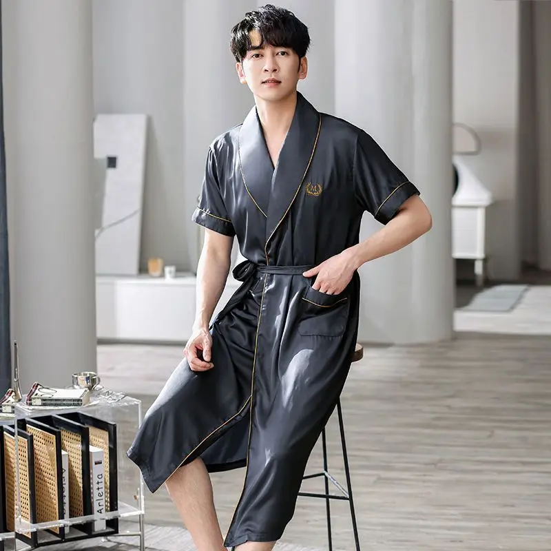 Hot Summer Plus Size Short Sleeve Ice Silk Satin Robes for Men Korean Loose Sleepwear Bathrobe Male Homewear Lounge Home Clothes view 4