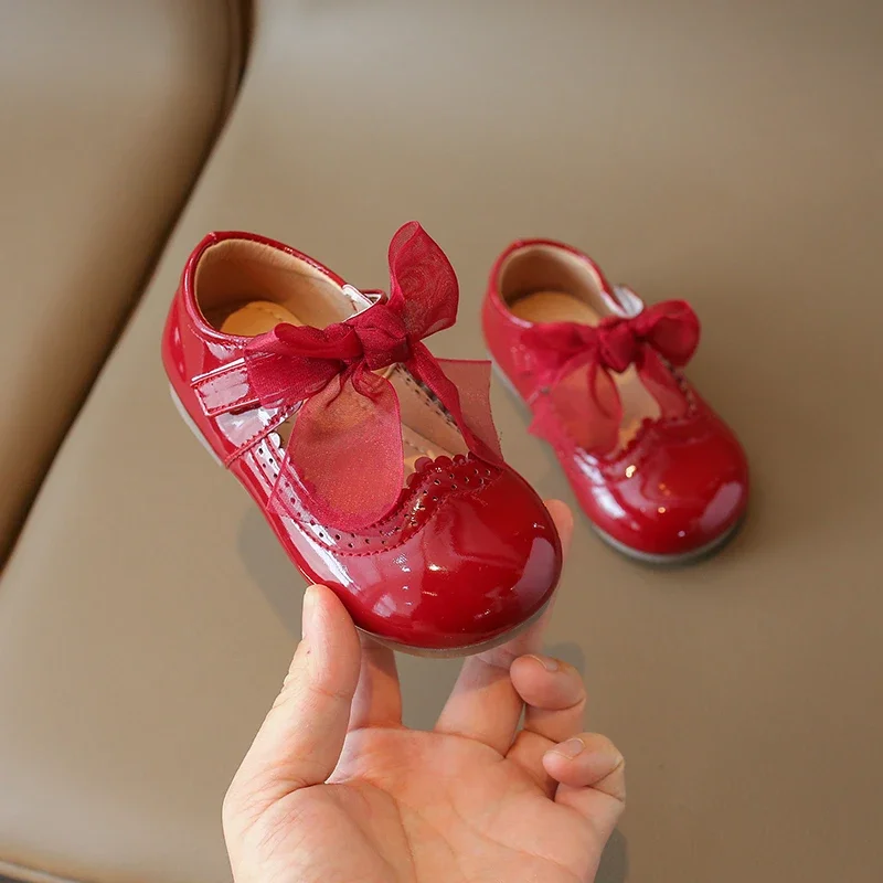 Toddlers Girls Shoes Children's Flats PU Patent Leather Kids Dress Shoes Soft Cute Princess Sweet With Butterfly-knot Bowtie New