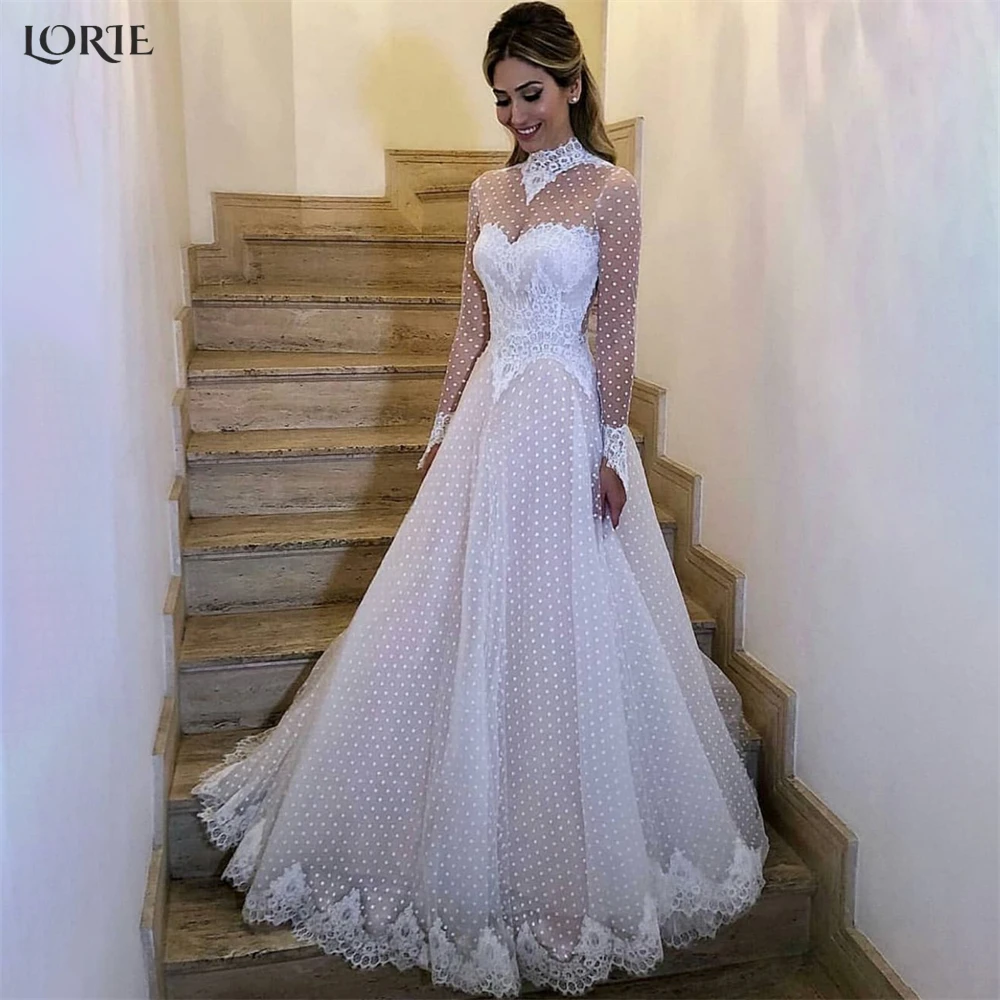 

LORIE Vintage Dot Lace Wedding Dresses High Neck Appliques Long Sleeves A-Line Boho Bridal Gowns Princess Arabia Bride Dress