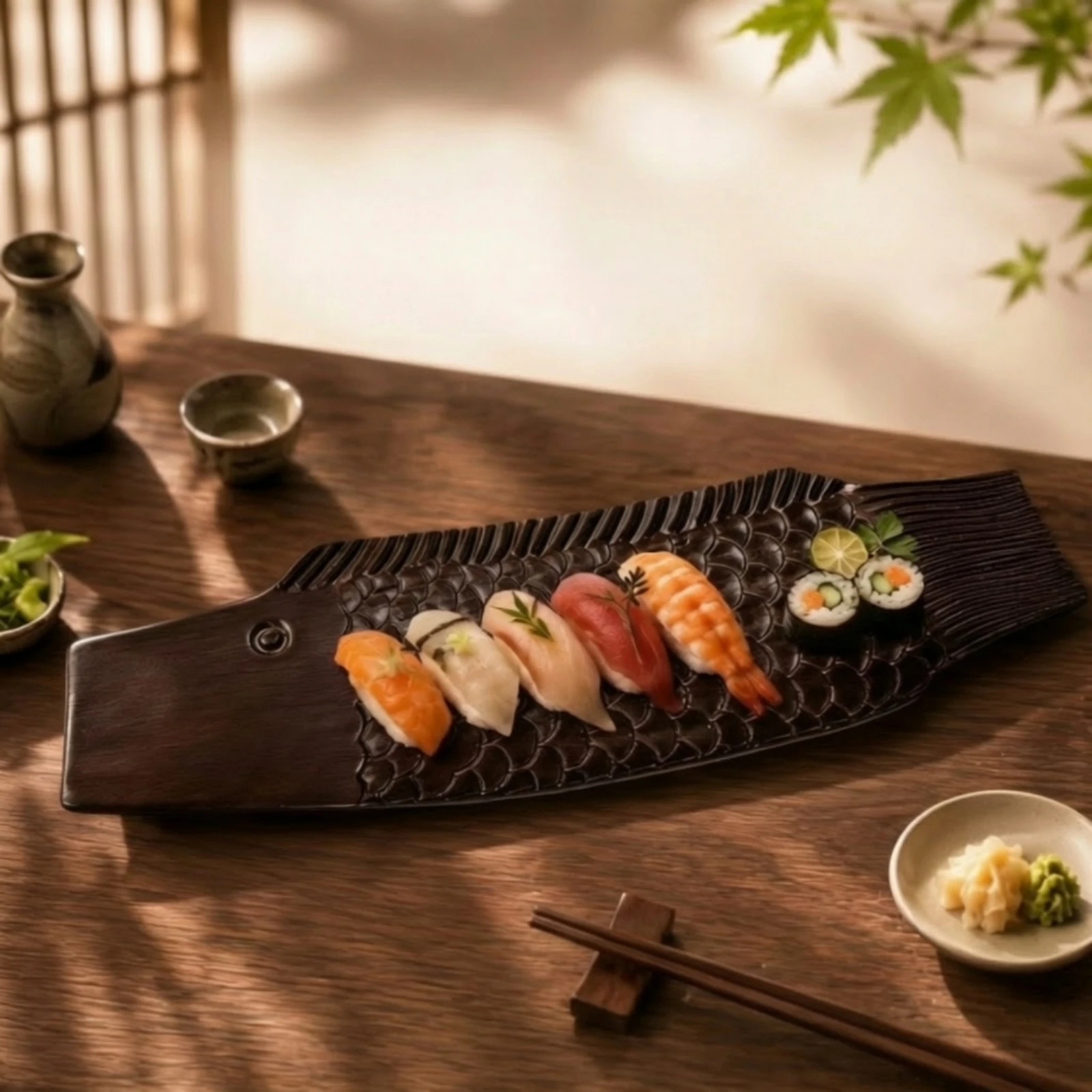 Assiette de service en bambou de forme aquatique, écologique, pour sashimi et sushi, plateau rectangulaire long pour sushi, vaisselle élégante