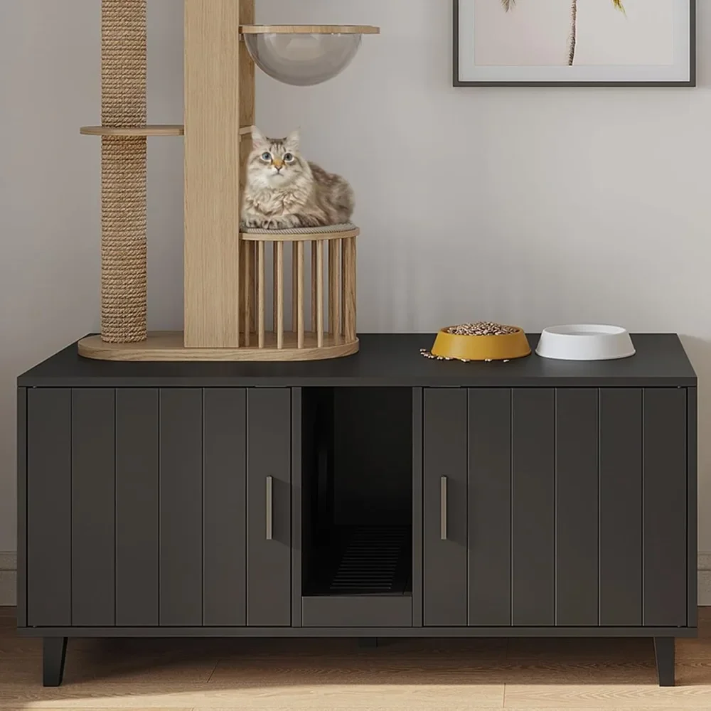 

Cat Litter Box Enclosure for 2 Cats, Double Hidden Litter Box Furniture with Scratcher, Large Wooden Cat House