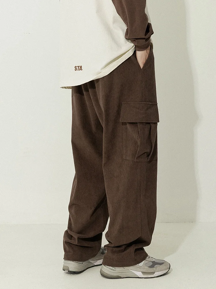 Men Corduroy Casual Trousers Spring Vintage Loose Cargo Pocket Cuffed Design Long Pants