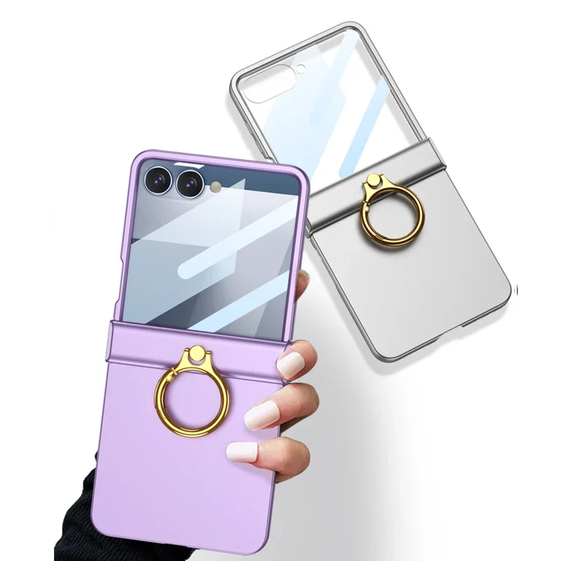 Für Samsung Z Flip 7, Ringständer, Handyhülle, schmal, matt, Scharnierschutz, Halter, Hartschalen-Abdeckung für Samsung Galaxy Z Flip 7