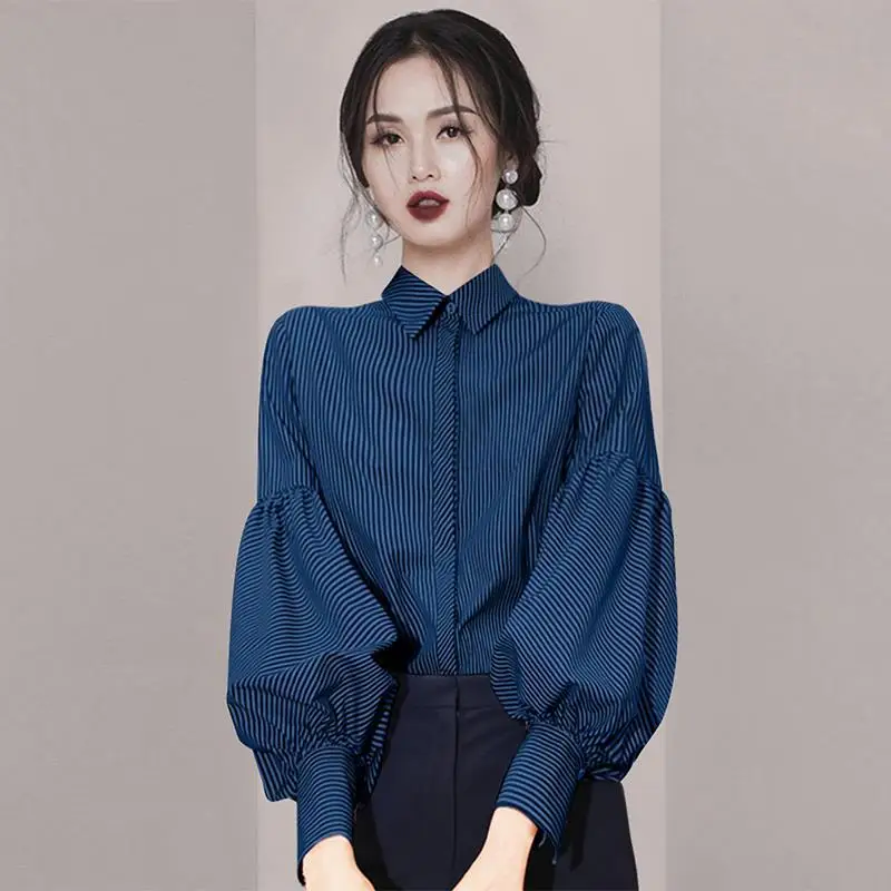 Fashion Lapel Button Striped Lantern Sleeve Shirts Women\'s Clothing 2023 Autumn Winter Loose All-match Tops Office Lady Blouses