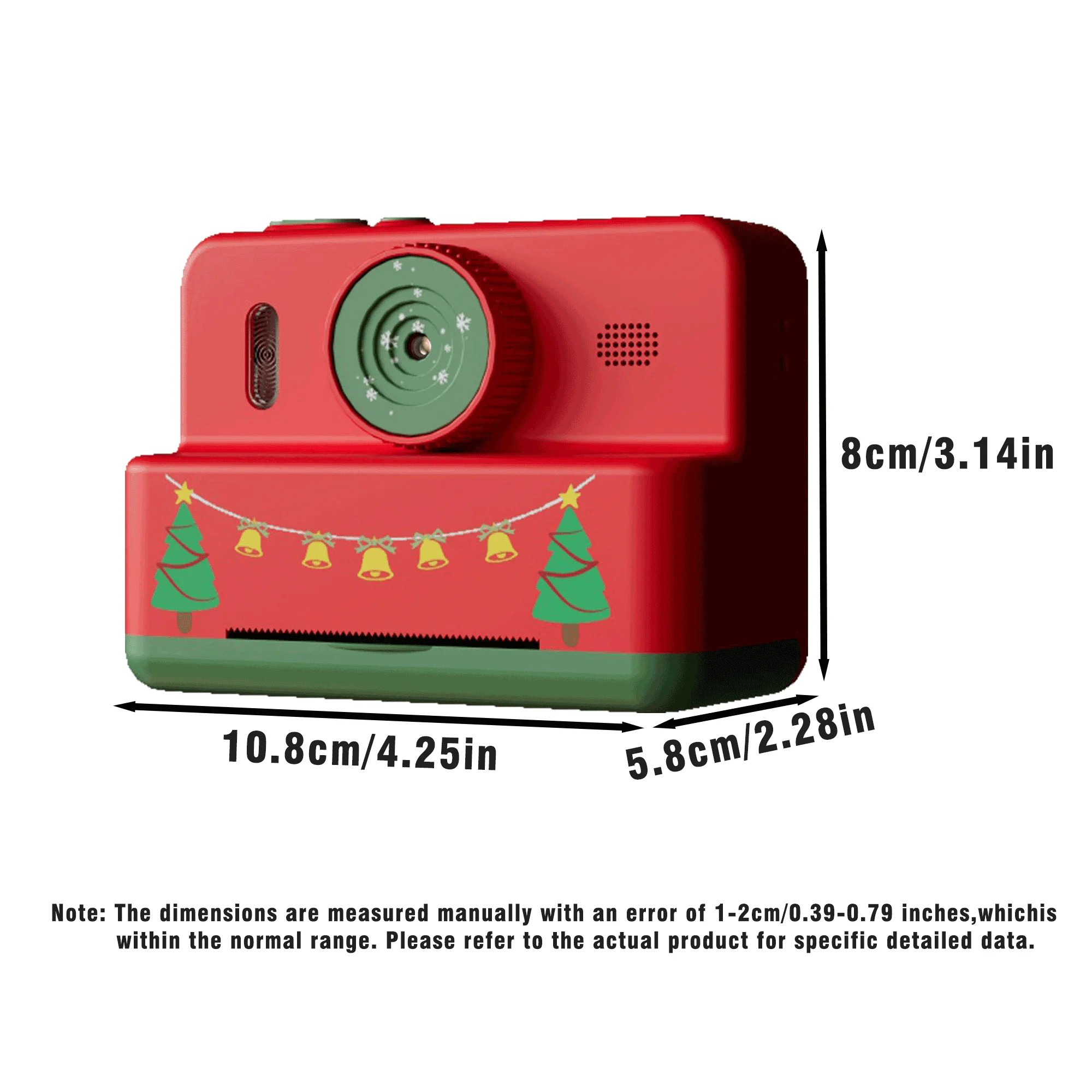 Christmas style zero ink instant printing camera, 3 rolls of printing paper, front and back dual-camera selfie digital camera