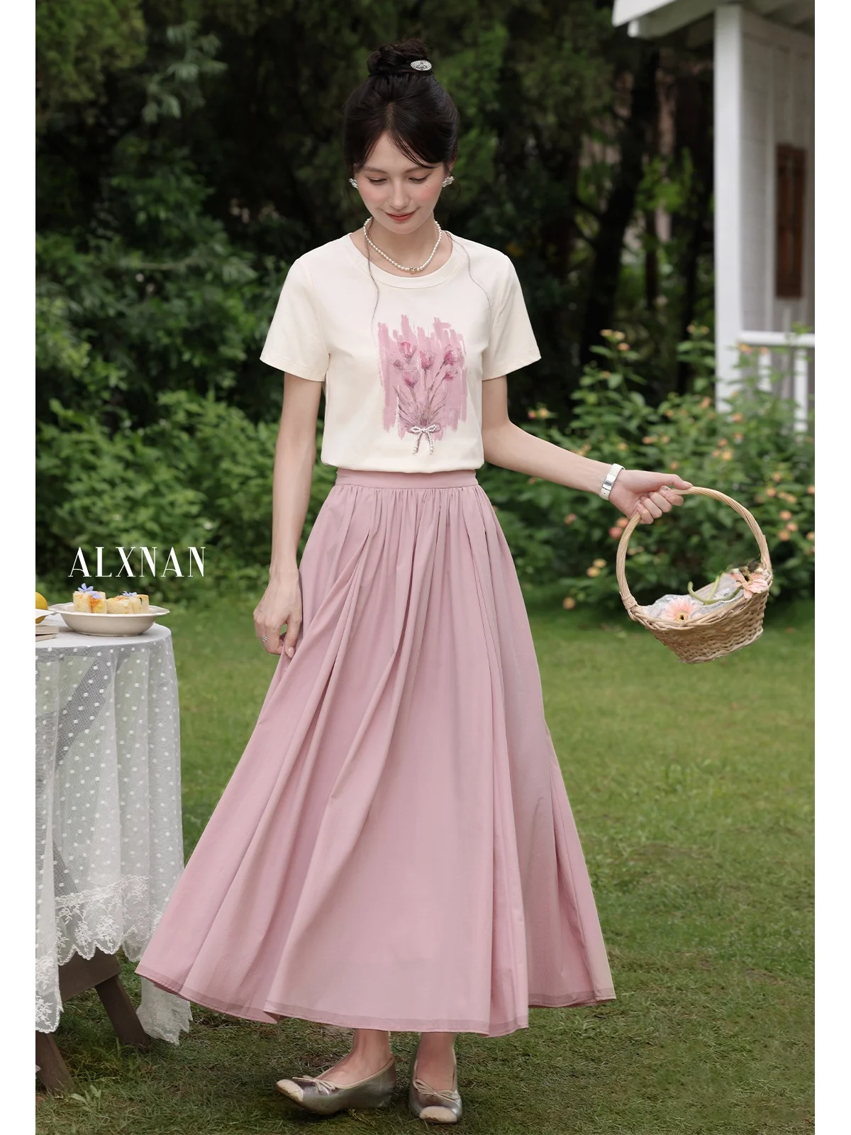 South Deer Peach Blossom Language Gonna rosa f-lunghezza Vita alta A-line Garza Gonna casual estiva da donna