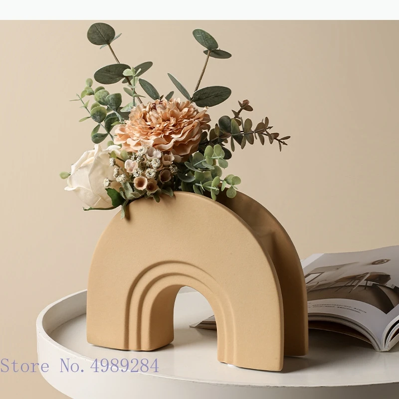 Ceramic Vase Arch Bridge Semicircle Geometric Stripes Hollow Color Flower Vase Flower Arrangement Crafts Home Decoration
