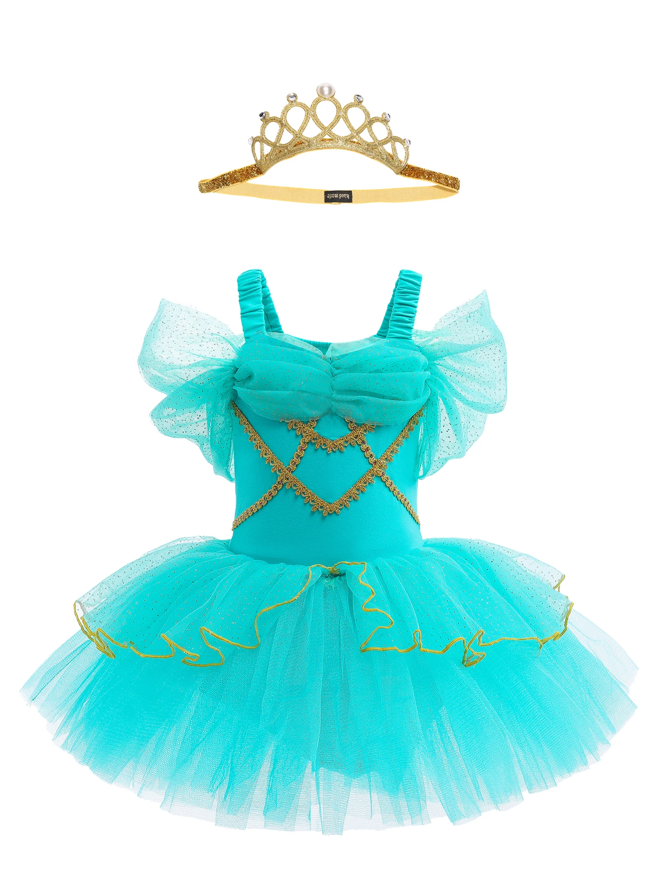 

Summer Blue Girl Ballet Tutu Dress with Bow Decoration Mesh Sleeves with Gold Border Christmas/Halloween Party Princess Dress