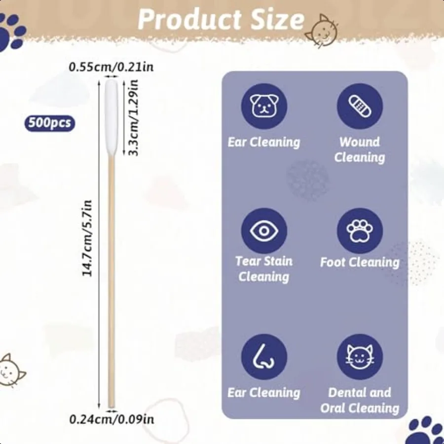 500PCS Long Large Cotton Swabs 6 Inch LintFree Dog Ear Cleaning Q Tips Bamboo Handle Soft Gentle Swab for Medium Large Pet Care