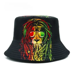 Rasta Lion Printing Bucket Hat Cartoon Pattern Fisherman Hats Double Sides Panama Cap Location Design Outdoor Hot Selling