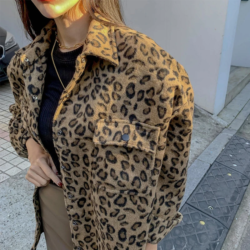 Manteau en laine imprimé léopard rétro pour femme, automne-hiver, Design ample, sens, col irt, boutonné