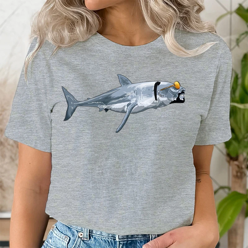 Casual Ladies Shark Print T-shirts Clothing Short Sleeve Clothes Fashion Trend Summer Women T-Shirts Grey Female Graphic Tee