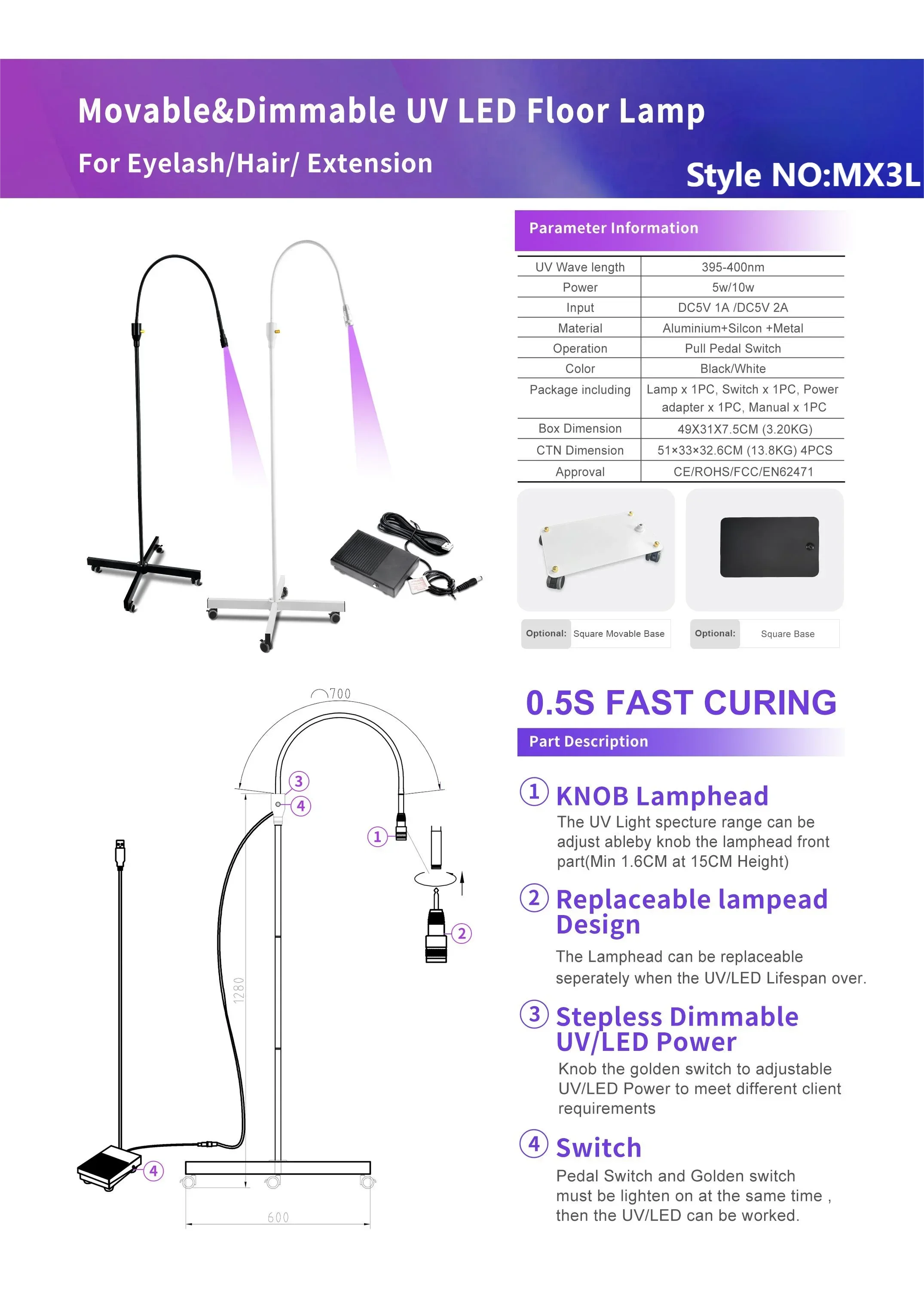 5W/10W Quick Curing UV Eyelash Glue Movable and Dimmable UV LED lash Floor Lamp For Eyelash/Hair/Extension