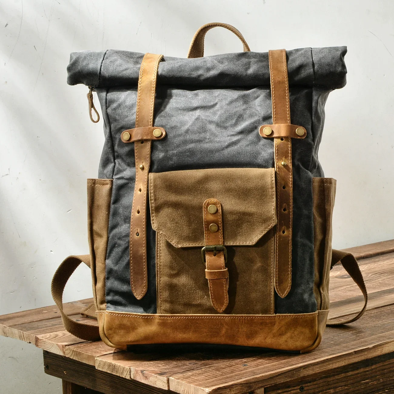 

Vintage Canvas Genuine Leather Laptop Backpack for Men School Bag 15.6" Water Resistant Travel Rucksack for Travel School