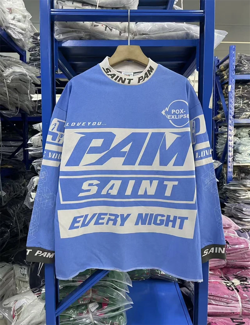 Autumn Winter SAINT Vintage Blue Hip Hop High Street Style Long Sleeved Racing Suit T-shirt Loose Casual Cotton Washed Tops Men
