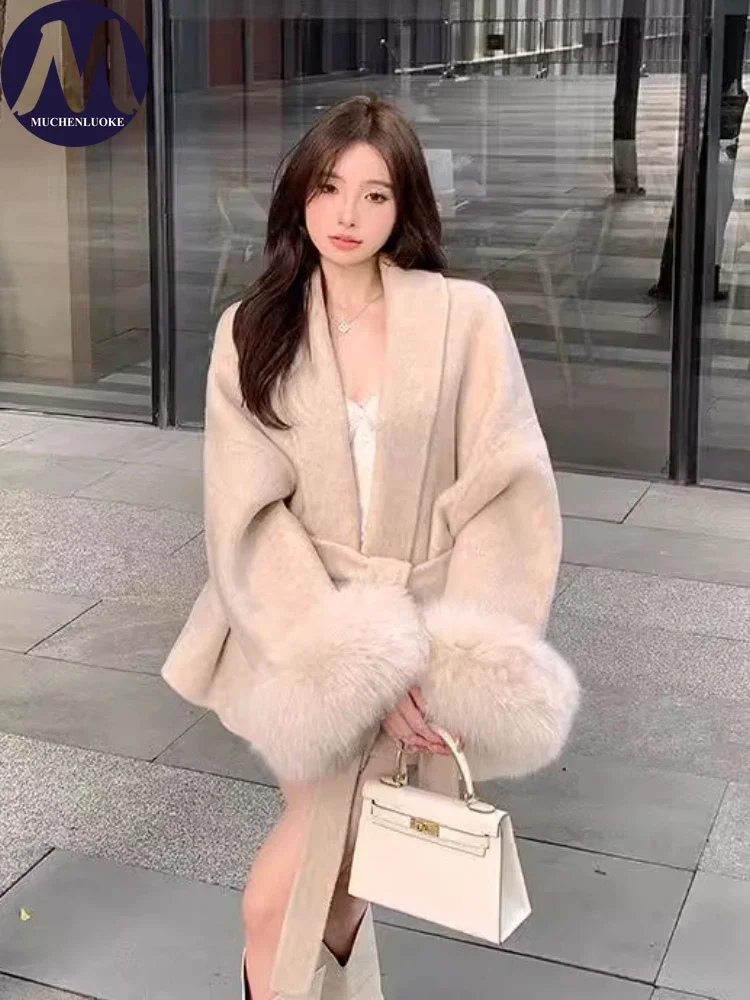 

Coats for Women Autumn Winter New Elegant Long Sleeves V Neck Lace Up Woolen Coat Korean Fashion Casual Loose Street Trends Coat