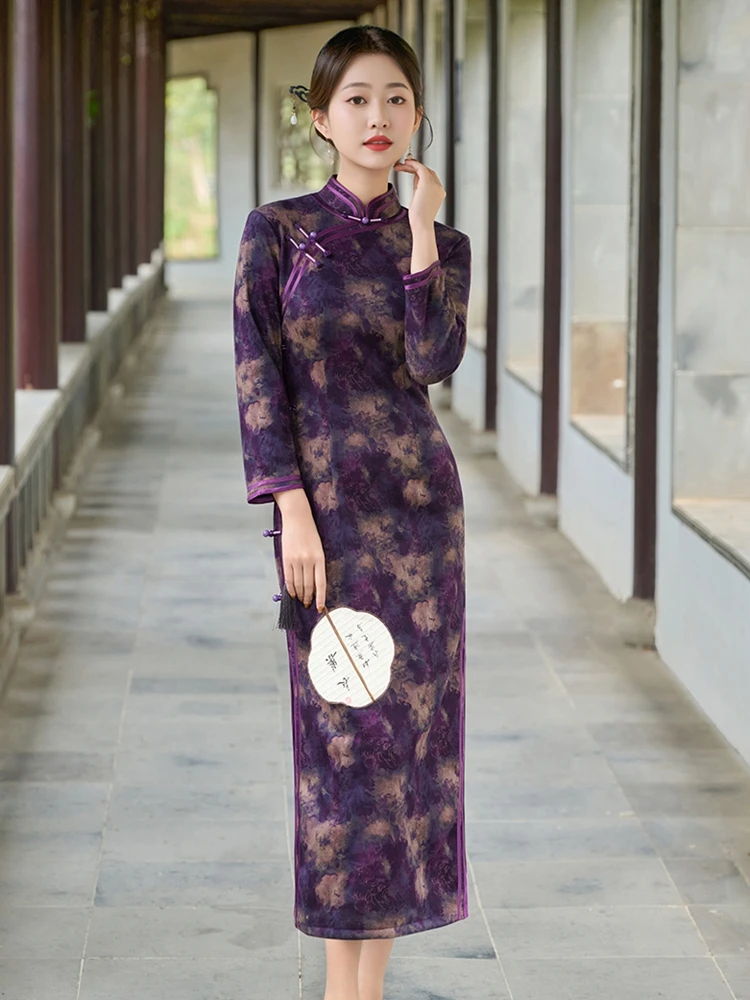 

Retro Winter Thiened Flag Robe Long Sve Fce Lined Middle Age Mom's Sle anghai Old School 2025 New Arrival