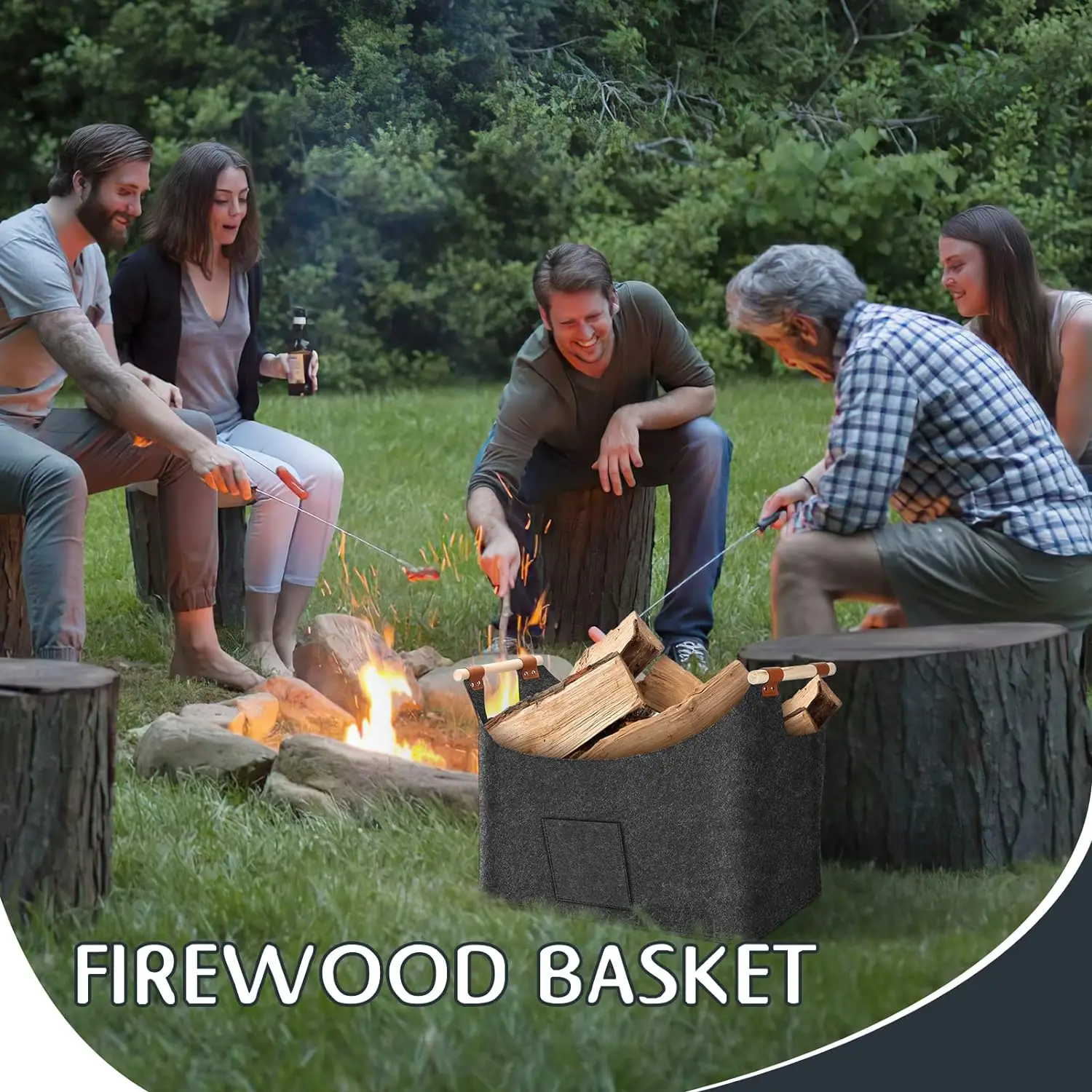 Firewood Box Felt Basket with Wooden Handles Large Capacity Foldable Wood Basket for Fireplace & Wood Stove