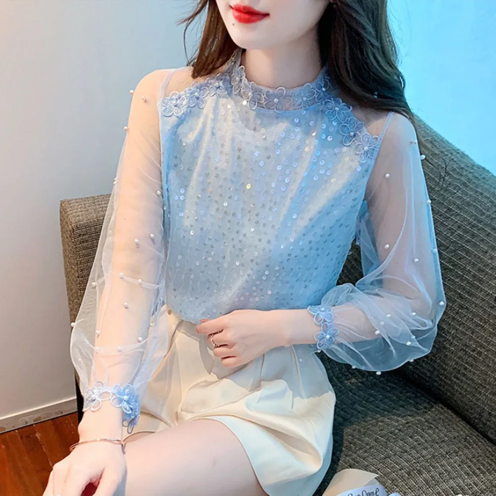 Spring/Summer Beading Chiffon Tops For Women\'s 2024 New Lace Gauze Long Sleeve Sequin Shirt Ladies Beautiful Fashion Slim Blouse