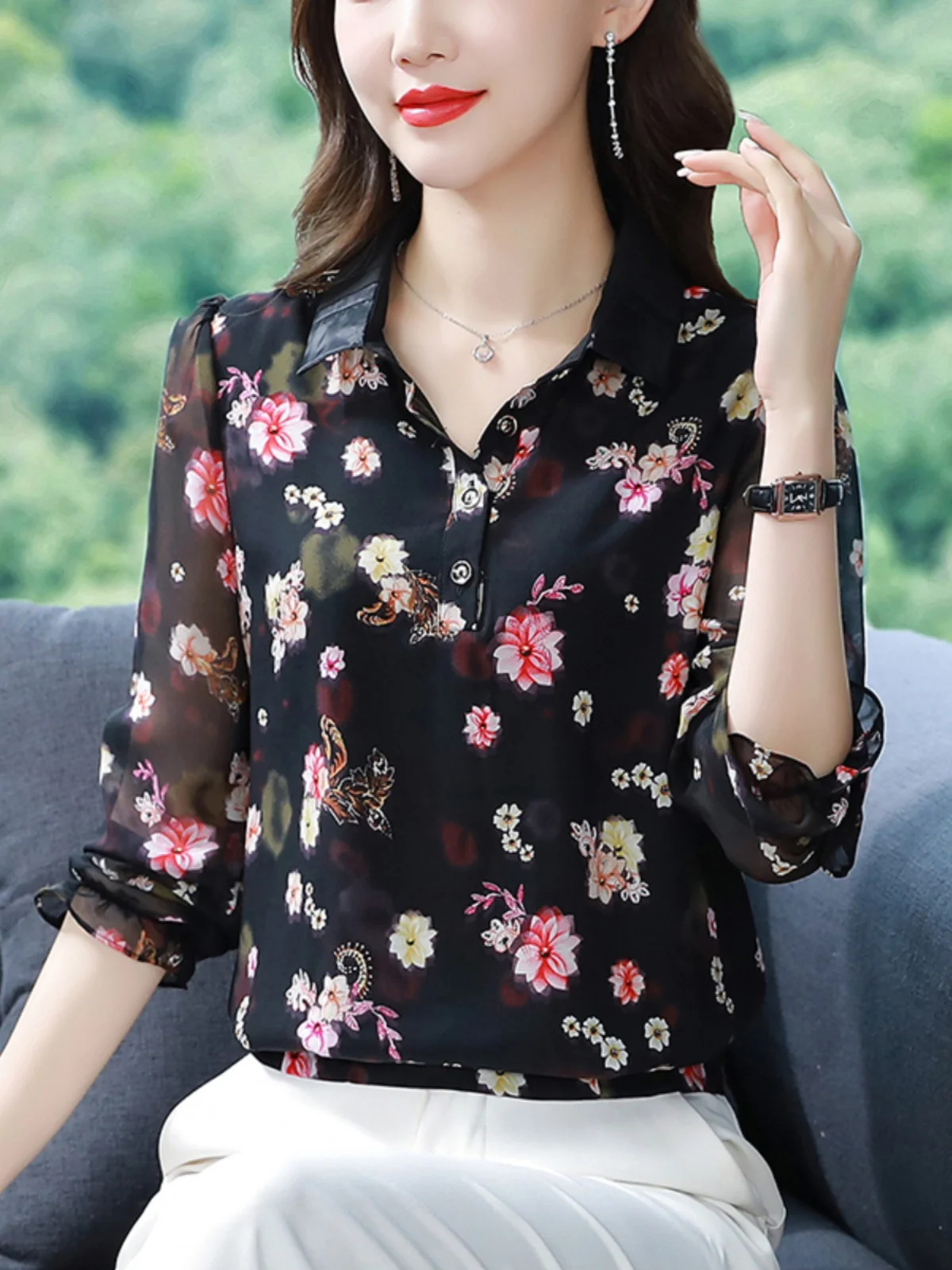 

Женская модная блузка с длинным рукавом из шифона с принтом, в корейском стиле, прямого кроя, с воротником, стандартной длины, для похудения