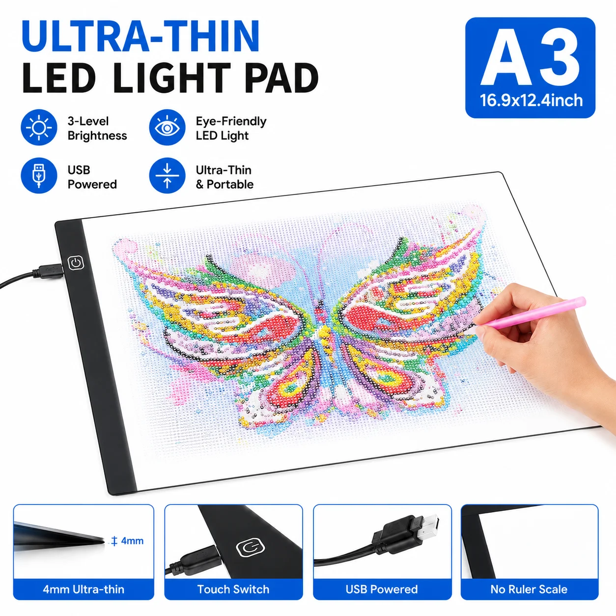 Tablette lumineuse LED ultra-mince A3 pour dessin, peinture au diamant, art numérique, luminosité réglable, copie et traçage