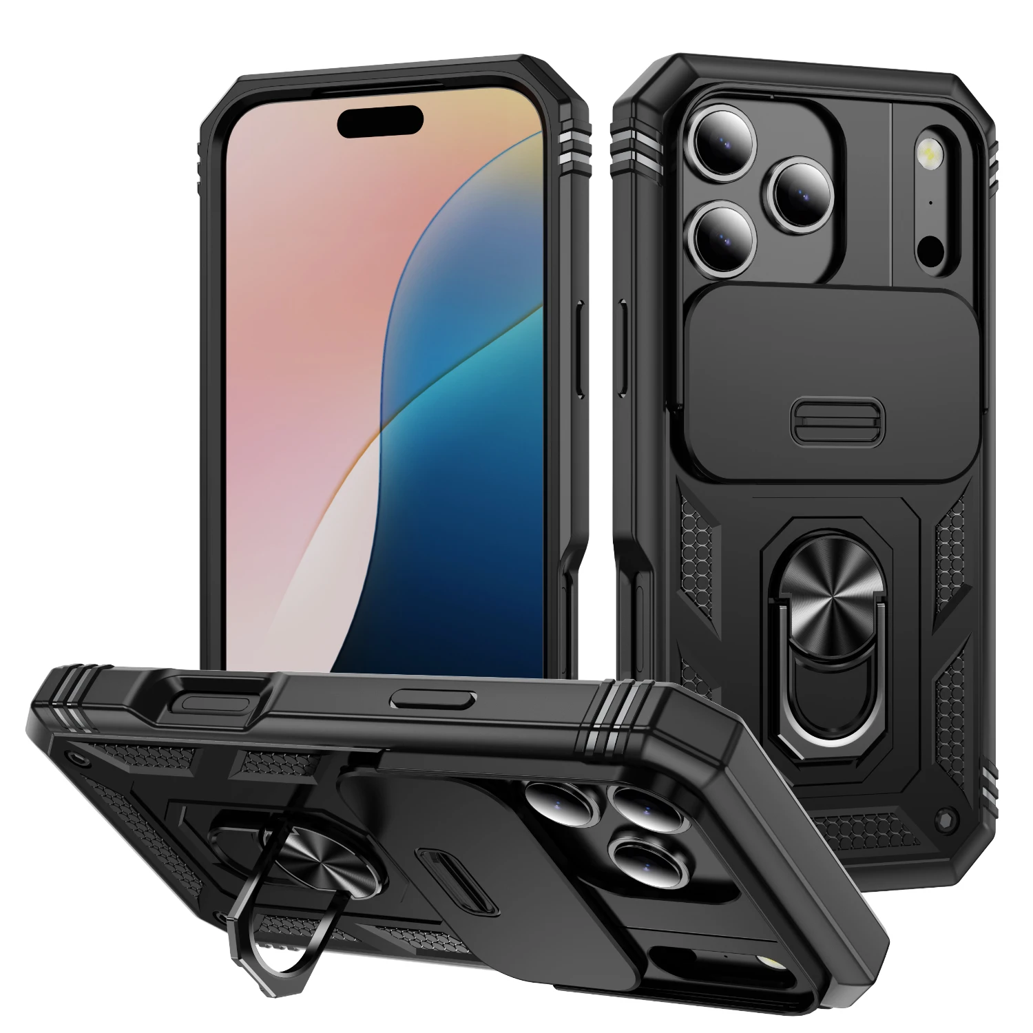 Für IPhone 17 Air 16e 16 15 14 Plus 13 12 Pro Max Slide Kamera Telefon Fall Heavy Duty Build in 360 Grad Drehen Ständer Abdeckung