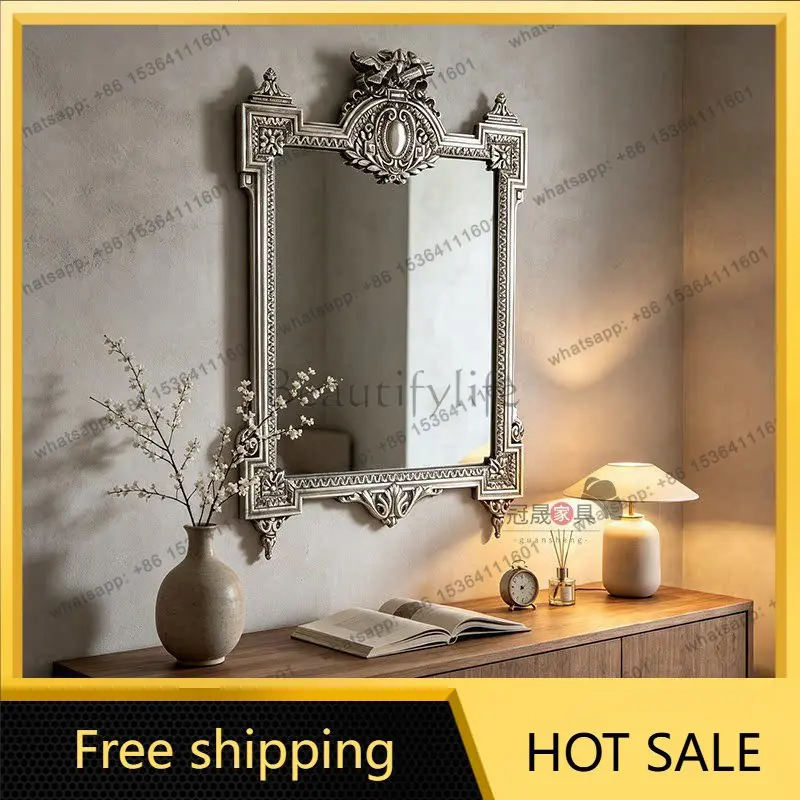 European light luxury bathroom mirror wall hanging bathroom high-end French retro bedroom carved luxury makeup mirror