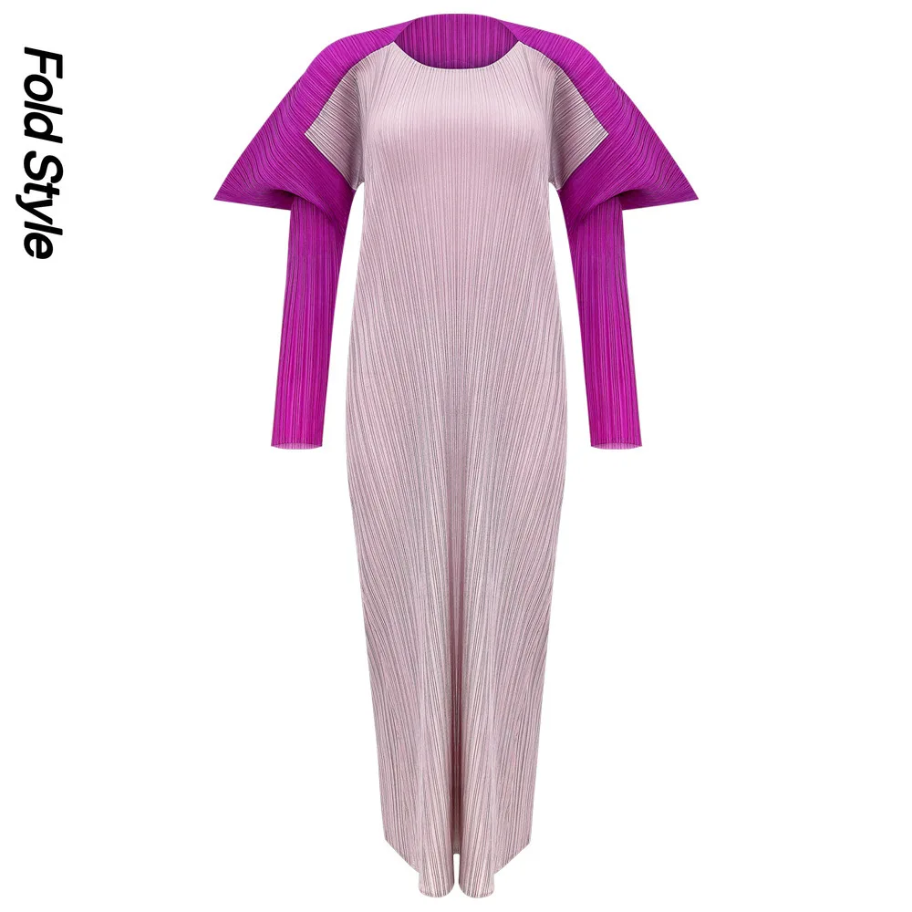 

Miyake Fashion Long Sleeve Horn Sleeve Contrast Color Dress Women's Long Simple Slim Split Bottom Dress Spring and Autumn Dress