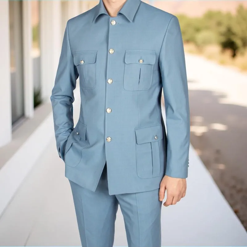 

Safari Suits for Men Prom Party with Long Sleeve 2 Pieces Custom Made Chinese Fashion Style Male Fashion Suit Set