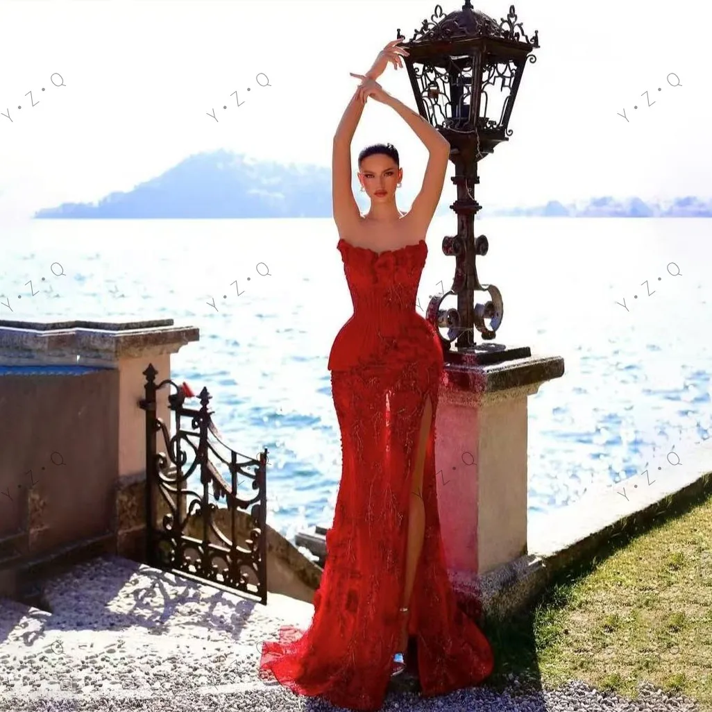 Magnifique robe de soirée florale 3 D, longue, rouge, Sexy, fente haute, appliques de perles, robes de bal transparentes, épaules dénudées