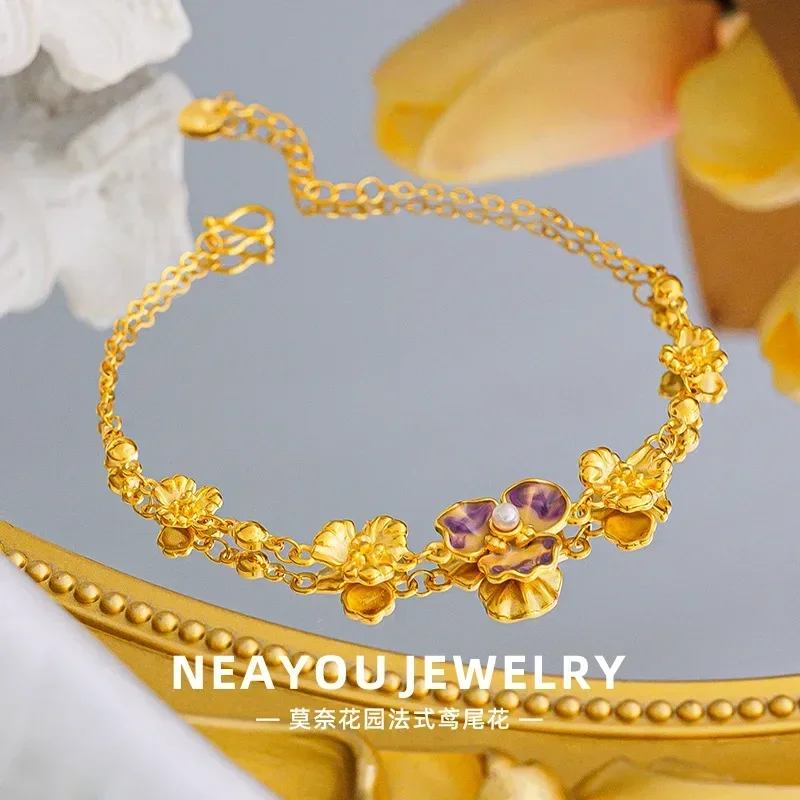 

9999 Real Gold 24K Monet Garden Series Enamel Iris Bracelet French Flower Women's Bracelet