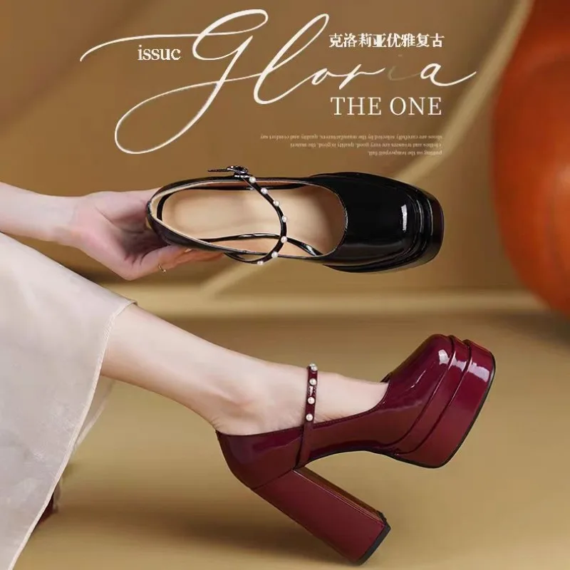 Super High Heel Square Heel Mary Janes Buckle Strap Dress Ladies Shoes on Sale 2024 Brand Bling Round Toe Solid Pumps Salto Alto