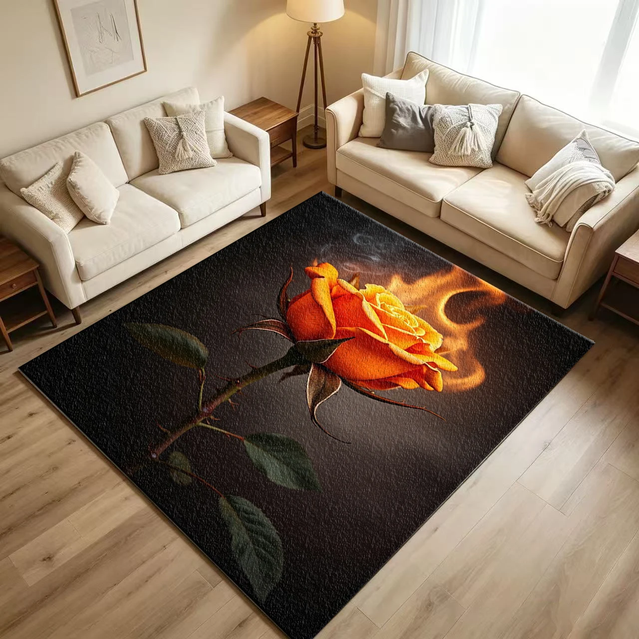 Dark Art Burning Orange Rose Carpet Flooring Mysterious Flame Smoke Floral Art Printed Floor Rug for Household Indoor Home Gothic Style Decor