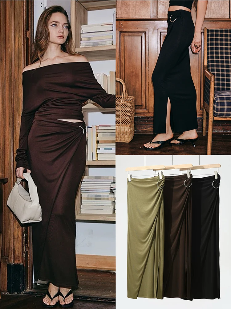 

Осенне-зимняя вязаная юбка с высокой талией, облегающая, миди, плиссированная, с декоративным поясом, для офиса, длинная, H-образного силуэта